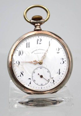 Auktion 363<br>Herrentaschenuhr, Bremer Börsen Uhr, Kleinert & Co, 800er Silbergehäuse, Kronenaufzug, Werk läuft, Ziffernblatt altrissig, D-5cm [1]