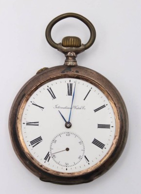 Auktion 363<br>Taschenuhr, IWC-International Watch & Co, älter, 800er Silbergehäuse, Kronenaufzug, Werk läuft, Glas fehlt, D-5,4cm [1]