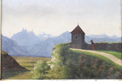 Auktion 363<br>anonymer Altmeister, Berglandschaft mit Turm, um 1850, Öl/Leinen, gerahmt, RG 26x32 cm [1]