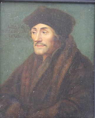 Auktion 363<br>Portrait des Erasmus von Rotterdam, Öl/Holz, wohl alte Kopie nach Cranach, Öl/Holz,  verso Etikett 
