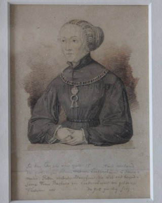 Auktion 363<br>colorierte Portrait-Zeichnung der Barbara von Lentersheim um 1850, ger/Glas, mit Bleistift beschrieben, gut ger/Glas, RG 25x22 cm [1]