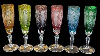 Auktion 363<br>6 x Buntglas-Sektflöten,  Nachtmann, H-22 cm [1]