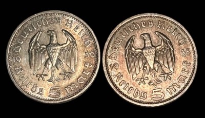 Auktion 363<br>4x 5 Reichsmark, Hindenburg, 1935/36/37/39, diese gekapselt, Silber [1]