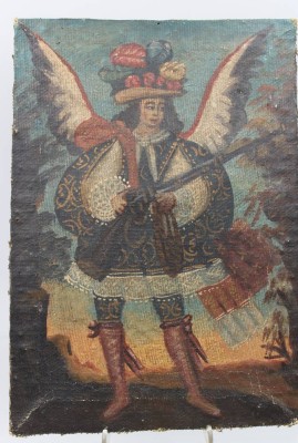 Auktion 363<br>Erzengel Michael im Stil der Cusco-Schule, wohl 19. Jhd., Öl/Leinwand, ungerahmt, leicht restau. bedürftig, ca. 31 x 21,5cm [1]