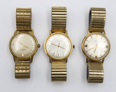 Auktion 363<br>3x div. Vintage Armbanduhren, Laco Automatik, Favre Leuba und Laco electric, 2x Laufen 1x ungeprüft, ca. D-3,5cm [1]