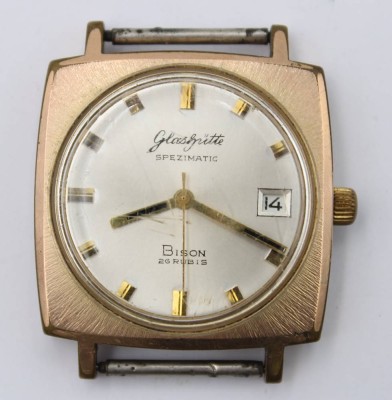Auktion 363<br>Vintage-Armbanduhr, Glashütte Spezimatic Bison. Automatik, Werk steht, ohne Armband, Alters-u. Tragespuren, ca. D-3,5cm [1]