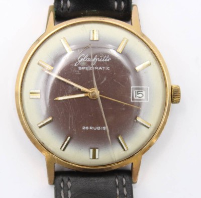 Auktion 363<br>Herren-Armbanduhr, Glashütte Spezimatic, Werk läuft, Alters-u. Tragespuren, ca. D-3,6cm [1]