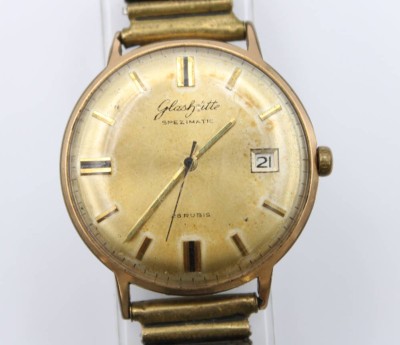 Auktion 363<br>Vintage-Armbanduhr, Glashütte, Spezimatic, Werk läuft, Alters-u. Tragespuren, ca. D-3,6cm [1]