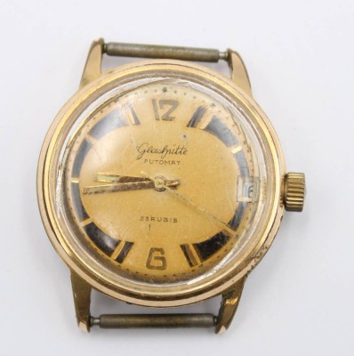 Auktion 363<br>Vintage-Armbanduhr, Glashütte, Automat, Werk läuft, ohne Armband, Alters-u. Tragespuren, ca. D-3,4cm [1]