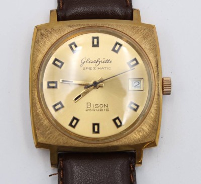 Auktion 363<br>Vintage-Armbanduhr, Glashütte, Spezimatic Bison, Werk läuft, ca. D-3,5cm [1]