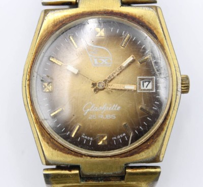 Auktion 363<br>Vintage-Armbanduhr, Glashütte, Automatik, Werk läuft,  starke Alters-u. Tragespuren, ca. D-3,7cm [1]