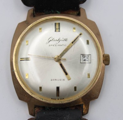Auktion 363<br>Vintage-Armbanduhr, Glashütte, Spezimatic, Werk läuft, Alters-u. Tragespuren, ca. D-3,5cm [1]