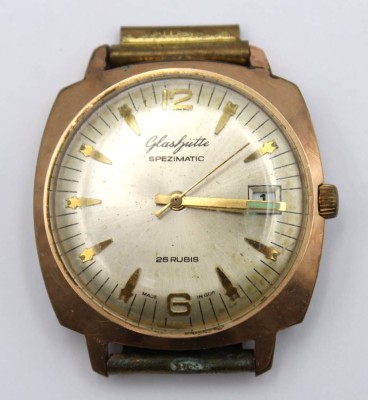 Auktion 363<br>Vintage-Armbanduhr, Glashütte, Spezimatic, Werk steht, ohne Armband, Alters-u. Tragespuren, ca. D-3,5cm [1]