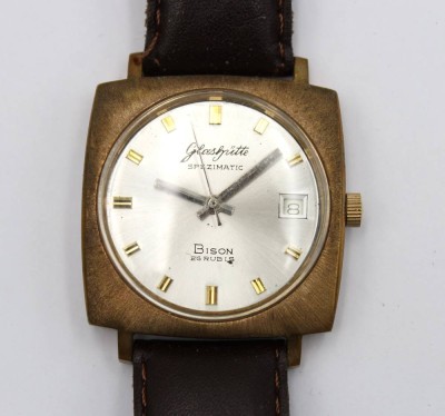 Auktion 363<br>Vintage-Armbanduhr, Glashütte, Spezimatic Bison, Werk läuft an, Alters-u. Tragespuren, ca. D-3,5cm [1]