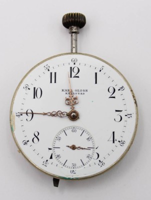 Auktion 363<br>Taschenuhrwerk, Karl Olson Karlstad, älter, Kronenaufzug, Werk steht, ca. D-4,5cm [1]