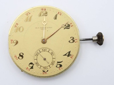 Auktion 363<br>Taschenuhrwerk, Ch.F. Tissot & Fils Locle, älter, Kronenaufzug, Werk läuft, ca. D-4,5cm [1]