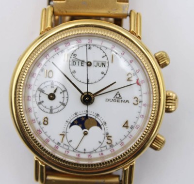 Auktion 363<br>Herren-Armbanduhr, Dugena, Handaufzug, Mondphase, Werk läuft, D-3,6cm, Tragespuren [1]