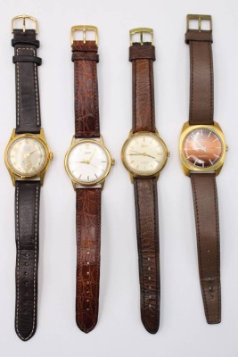 Auktion 363<br>4x div. Vintage-Armbanduhren, Dugena Classic, Tissot, UMF Ruhla, Laco, je Handaufzug, alle Werke laufen, Tragespuren, ca. D-3,3cm [1]