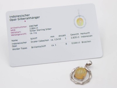 Auktion 363<br>925er Silber-Anhänger, indon. Opal ca. 2,8ct, 3grgr., L-1,8cm, Zertifikat anbei [1]