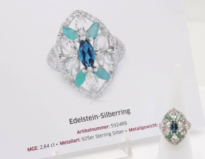 Auktion 363<br>schöner 925er Silber-Ring, div. Edelsteine, 4,5gr., RG 51, Zertifikat anbei [1]