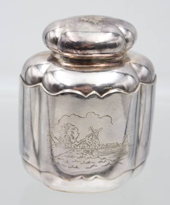 Auktion 363<br>Teedose, Friesenmuster und Mühlenszene, GHB 90, ca. H-12cm [1]