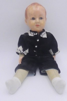 Auktion 363<br>alte französische  Celluloidkopf Puppe, Adlerkopfmarke, H-36 cm, Stoffkörper [1]