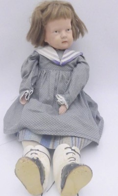 Auktion 363<br>vintage Schildkröt Mädchenpuppe mit Stoffkörper, Celluloid, H-45 cm [1]