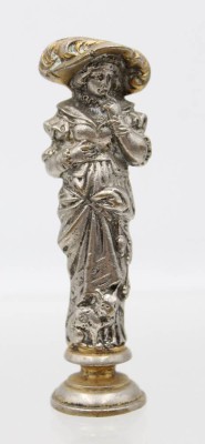 Auktion 363<br>figürl. Petschaft um 1900, galante Dame, wohl Messing versilbert, ca. H-9cm [1]
