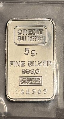 Auktion 363<br>kl. Silberbarren-999-, 5 gr. ,Credit  Suisse,nummeriert,  eingeschweisst [1]