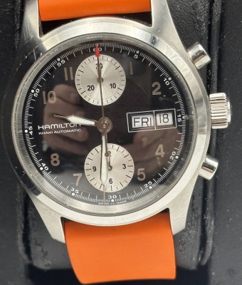 Auktion 363<br>Hamilton Khaki Automatik HAU in orig. Kasten mit Umkarton, Ersatzarmband-und Glieder, Beschreibung und Kaufquittung von 2020 (880,--€) gut erhalten und läuft [1]