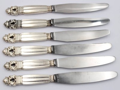 Auktion 363<br>6x Messer, Georg Jensen, Acorn, Sterlinggriffe, ca. L-20,2cm , Gebrauchsspuren [1]