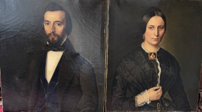 Auktion 363<br>Paar Biedermeier-Portraits um 1850, Öl/Leinen, keine Signatur gefunden, guter, sauberer Zustand, ne ca. 73x61 cm [1]