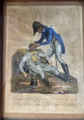 Auktion 363<br>colorierte Lithografie um 1840, Regiments-Chirurg ,mit Blessierten, ger/Glas, Blatt Altersspuren, RG 31,5x21,5 cm [1]