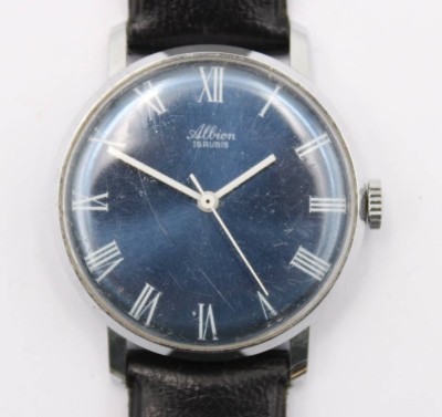 Auktion 363<br>Herrenarmbanduhr, Albion,  Werk läuft, Handaufzug, Tragespuren, ca. D-3,8cm [1]