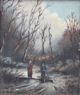 Auktion 363<br>unlerserl,signiert, Winterlandschaft mit Personen, Öl/Holz, alt gerahmt, RG 24 x 22,3cm [1]