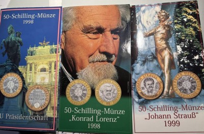 Auktion 363<br>6x 50 Schilling Münzen, alle in orig. Blister, Bimetall, 90-er Jahre [1]