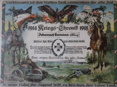 Auktion 363<br>Gedenkblatt, 1. WK, alt gerahmt, Altersspuren, RG 43 x 53cm [1]