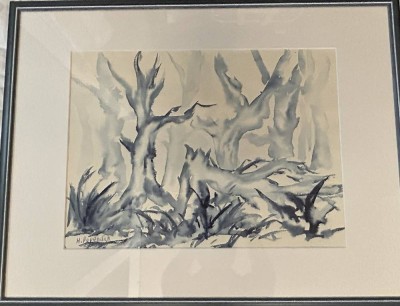 Auktion 363<br>Hans PAPENDIECK (1928-1993) abstrakte Gewächse, blaues Aquarell, gut ger/Glas, RG 53x70 cm [1]