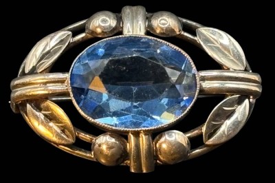 Auktion 364<br>Silberbrosche-835-, div. Punzen, Handarbeit, blauer Stein, L-4 cm, 11,1 gr [1]