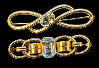 Auktion 364<br>2x vintage Doublee-Nadeln mit hellblauen Steinen, 1x Oresto gemarkt, B-ca. 5,5 cm [1]