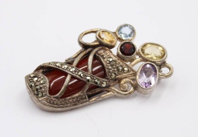 Auktion 364<br>schöne 925er Silber-Brosche, Karneol, Granat, Citrin, Aquamarin, Amethyst und Markasiten, 11,1gr., L-4cm [1]