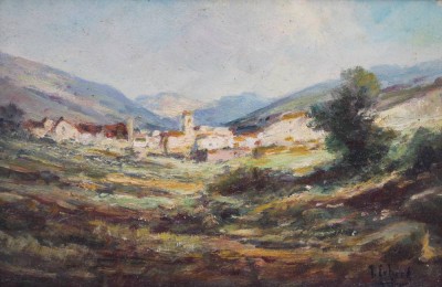 Auktion 364<br>T.Erhard o.ä. , Stadtansicht, Toskana, Öl/Hartfaser, gerahmt, RG 26 x 35cm [1]