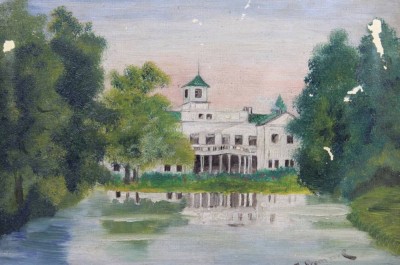 Auktion 364<br>R.Fromme, Villenansicht, um 1909, Öl/Malkarton, restau.bedürftig, gerahmt, RG 35,5 x 45cm [1]