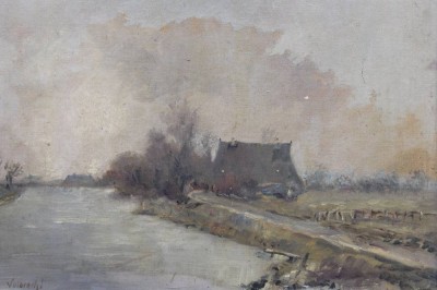 Auktion 364<br>Ernst VOLBRECHT (1877-1964), Häuser an der Elbe, Öl/Hartfaser, gerahmt, restau.bedürftig, RG 44 x 56cm [1]