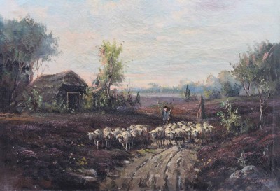 Auktion 364<br>F.Leschrod, Schäfer mit Herde, älter, ungerahmt, Öl/Leinwand, restau.bedürftig, ca. 40 x 50cm [1]