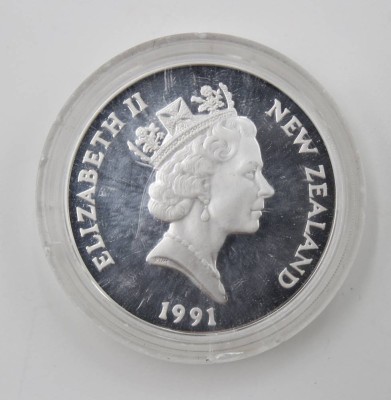 Auktion 364<br>5 Dollar, Neuseeland, 1991, Rugby Worldcup, Silber, ca. 28,2gr., D-mit Kapsel 3,9cm [1]