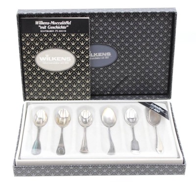 Auktion 364<br>Sammelset, Wilkens Moccalöffel mit Geschichte, 6 Stück, Silber 800, 65gr., in orig. Kasten [1]