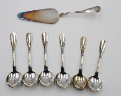 Auktion 364<br>6x Kompottlöffel sowie Tortenheber, WMF, Augsburger Faden, 90er Auflage, ca. L-23,8cm [1]