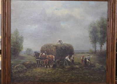 Auktion 364<br>unleserl.signiert, Heuernte, Öl/Leinwand, gerahmt, RG 72 x 82cm, Sperrgut [1]
