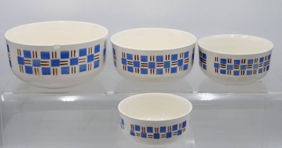 Auktion 364<br>4tlg. Schalen-Set, Art-Déco, ungemarkt, gr. Schale mit Altriss und Bestossung, ca. H-10,5cm D-22cm bis 6,5cm D-14cm [1]